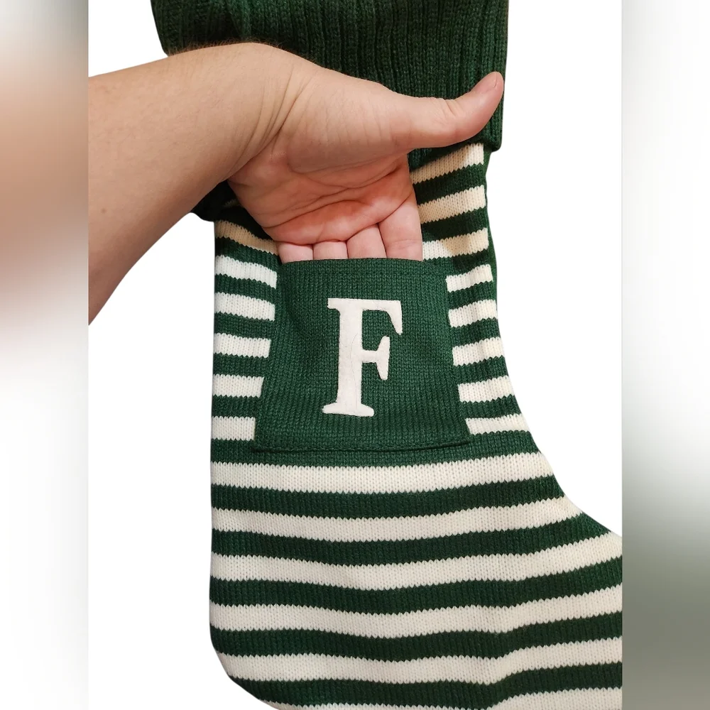 Initial Pocketed Green and White Striped Christmas Stocking